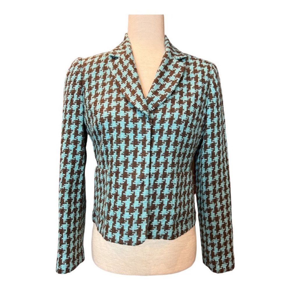 Focus 2000 brown and aqua woven blazer suit jacket Size 4 petite EUC